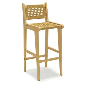 COSTWAY - Patio Teak Wood Bar Stool with Rattan Backrest and Seat