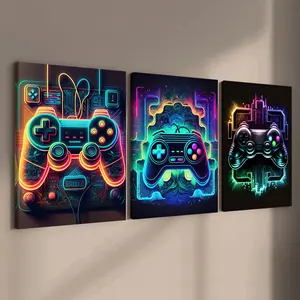 3 Counts Wooden Framed Canvas Painting, Neon Game Controller Art Images, Exquisite Poster, Perfect Living Room Decoration, Modern Art, Fashion Family Poster, Wall Art Decoration, Waterproof Art, Modern Home Decor