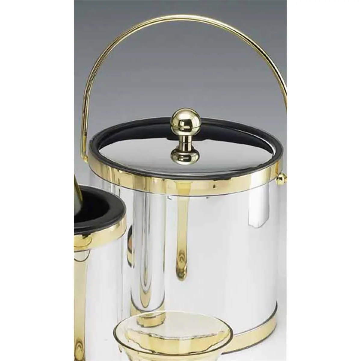 Kraftware 75968 Mylar Polished Chrome and Brass 3 Quart Ice Bucket with Brass Bale Handle Bands and Metal Cover