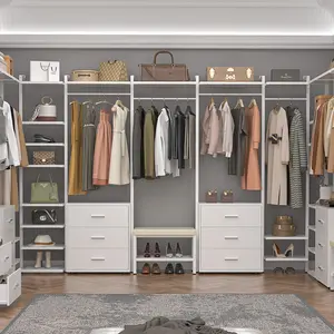 8FT Closet Organizer Systems with 6 Wood Drawers，96'' Wooden Clothing Rack Wardrobe Closet Garment Rack with Storage,Clothes Hangable