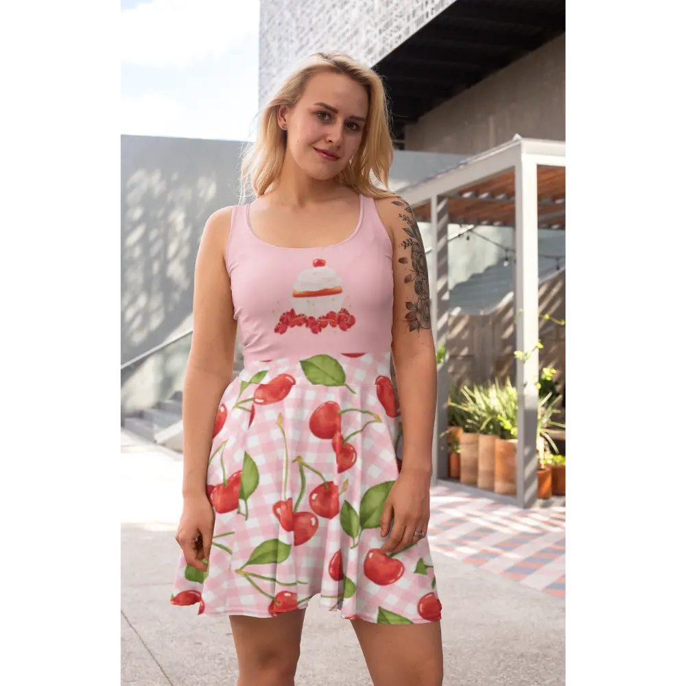 Cherry Cupcake Picnic Skater Dress, Flare Sleeveless Spring Women Dress, Summer Party Outfit, Cute Food Print Clothes, Teen Girl Fashion