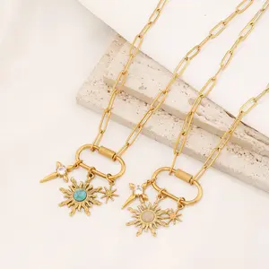 This trendy, layered clavicle necklace features stainless steel with turquoise, sun, and cross pendants, creating a unique and stylish look for women.