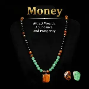 GEMRICH wealth necklace, crafted from natural black agate, natural Dongling jade stone, and natural tiger’s eye pendant, infused with healing crystals; suitable for anniversaries, vacations, and themed parties; a gift that suits both men and women.