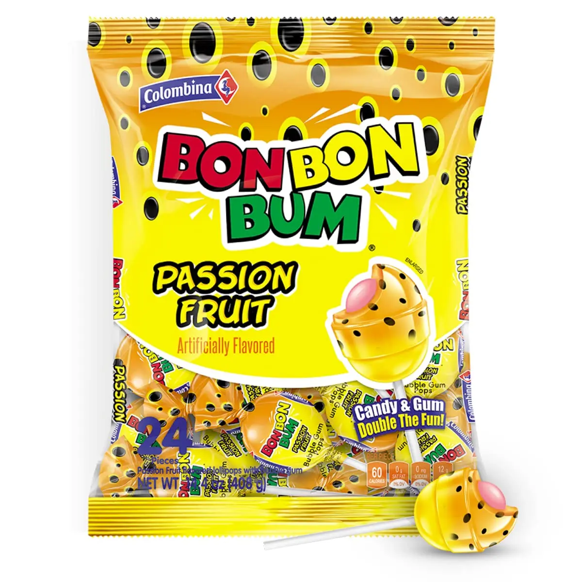 Colombina Bon Bon Bum Lollipops - Tropical Passion Fruit Flavored Candy, 24-Count Sugar-Sweetened Fruit Flavored Sour Candy Snack