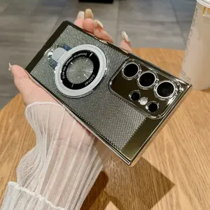 for Samsung S24 Ultra/S23 Ultra/S22 Ultra/S24/S23/S22 Plus Retro Electroplating Magnetic Holder Mobile Phone Case Lens Protection, Thin and Light, Grid Cooling Design
