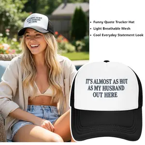 Women’s Funny Wife Quote Trucker Hat - "It's Almost As Hot As My Husband Out Here" Black-White 2-Tone Mesh Cap, Summer Beach Vacation Casual Outdoor Humorous Married Life Novelty Hat