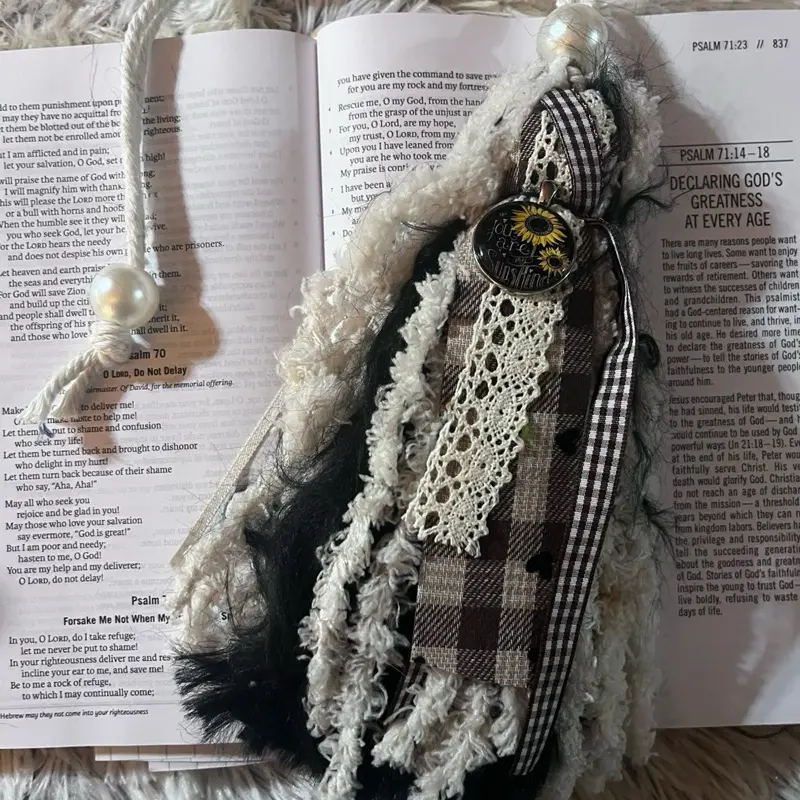 Bible Tassel Bookmark with Sunflower Charm and Plaid Ribbon Accents for Reading Enthusiasts