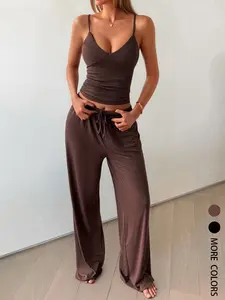 2pcs/Set Women's Sexy Casual Deep V Backless Camisole And Loose Straight Leg Pants Suit,Home Wear, 2 Piece, Comfortable and Stylish