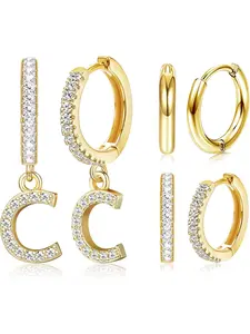 3 Pairs Initial Dangle Hoop Earrings for Women Cubic Zirconia Letter Huggie Earrings Alphabet