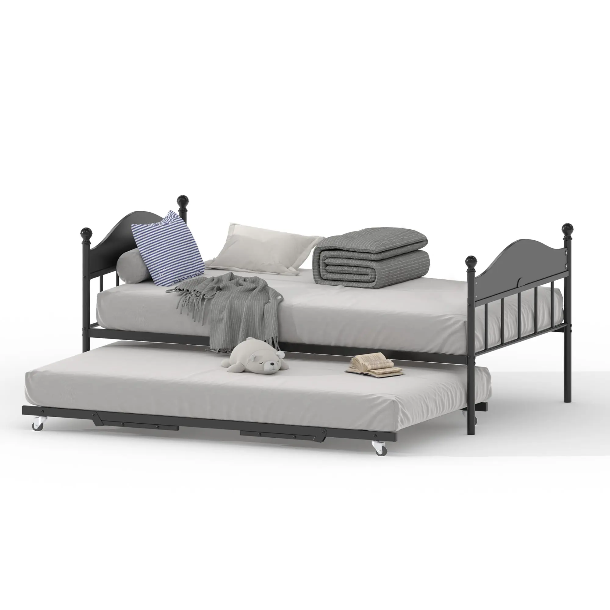 GARVEE Metal Frame Twin Daybed with Foldable Trundle, Stylish Headboard Sofa Bed for Living Room, Bedroom, Black