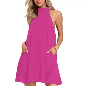 AUSELILY Women's Summer Dress Sleeveless Halter Neck Beach Dress Casual Sundresses with Pockets