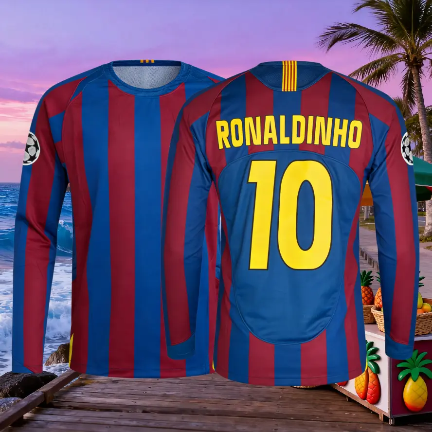 Ronaldinho 2005-06 Retro Home Blue Red No.10 No.80 Long-sleeved Soccer Jersey