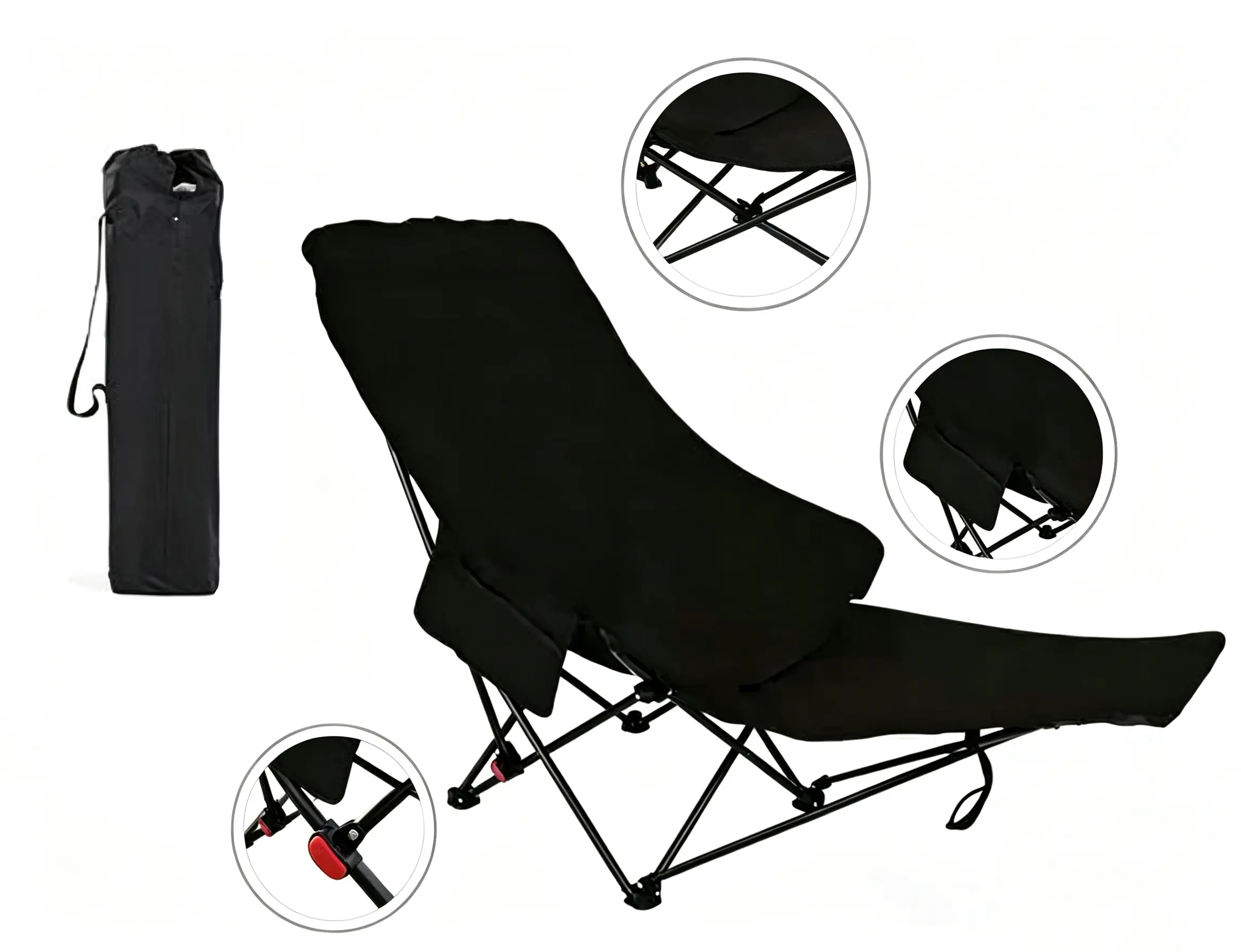 Portable Reclining Camping/Lounge Chair for Outdoor (1, BLACK) | Soft Cushion, 4-Position Backrest, Removable Footrest, Cup Holder & Versatile Carry Bag