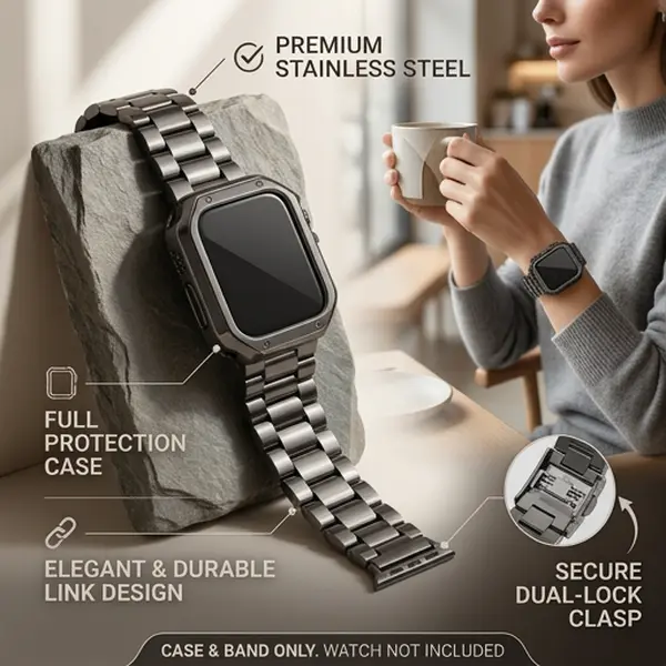Apple Watch Protective Case & Stainless Steel Buckle Band Set, Rugged Armor Cover Strap Compatible with 38mm-49mm Ultra 2/Ultra Series 11-1 SE, Durable Shockproof Replacement Wristband