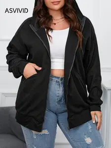 【Plus Size】Women's Long Sleeve Zipper Hooded Casual Fashion Sweatshirt Jacket with Pockets, Casual Loose-Fitting Pullover for Spring & Fall, Comfortable Outerwear for Everyday Wear