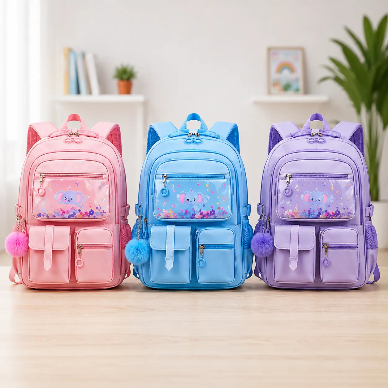 Water-Resistant School Backpack with Pockets and Keychain – Pink, Blue, Purple
