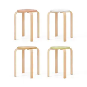 4 Pcs Wooden Round Stools Stackable Bentwood Chairs Modern Minimalist Solid Wood for Adults Kids 330 lbs Capacity Backless Space-Saving Smooth Waterproof Surface Easy Assembly Living Room Kitchen Dining Classroom Daycare Multi-Purpose Set summerwins