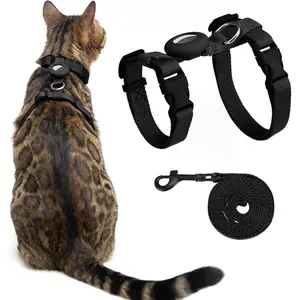 Cat Harness and Leash Set with Airtag Holder for Walking & Travelling, Escape Proof Cat Harness for Small Medium Large Kitten, Adjustable Lightweight Soft Cat Vests (Black)