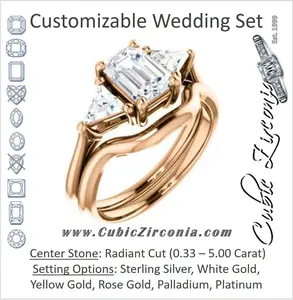 CZ Wedding Set, featuring The Prisma engagement ring (Classic Three-Stone Triangle Accent and Radiant Cut center)