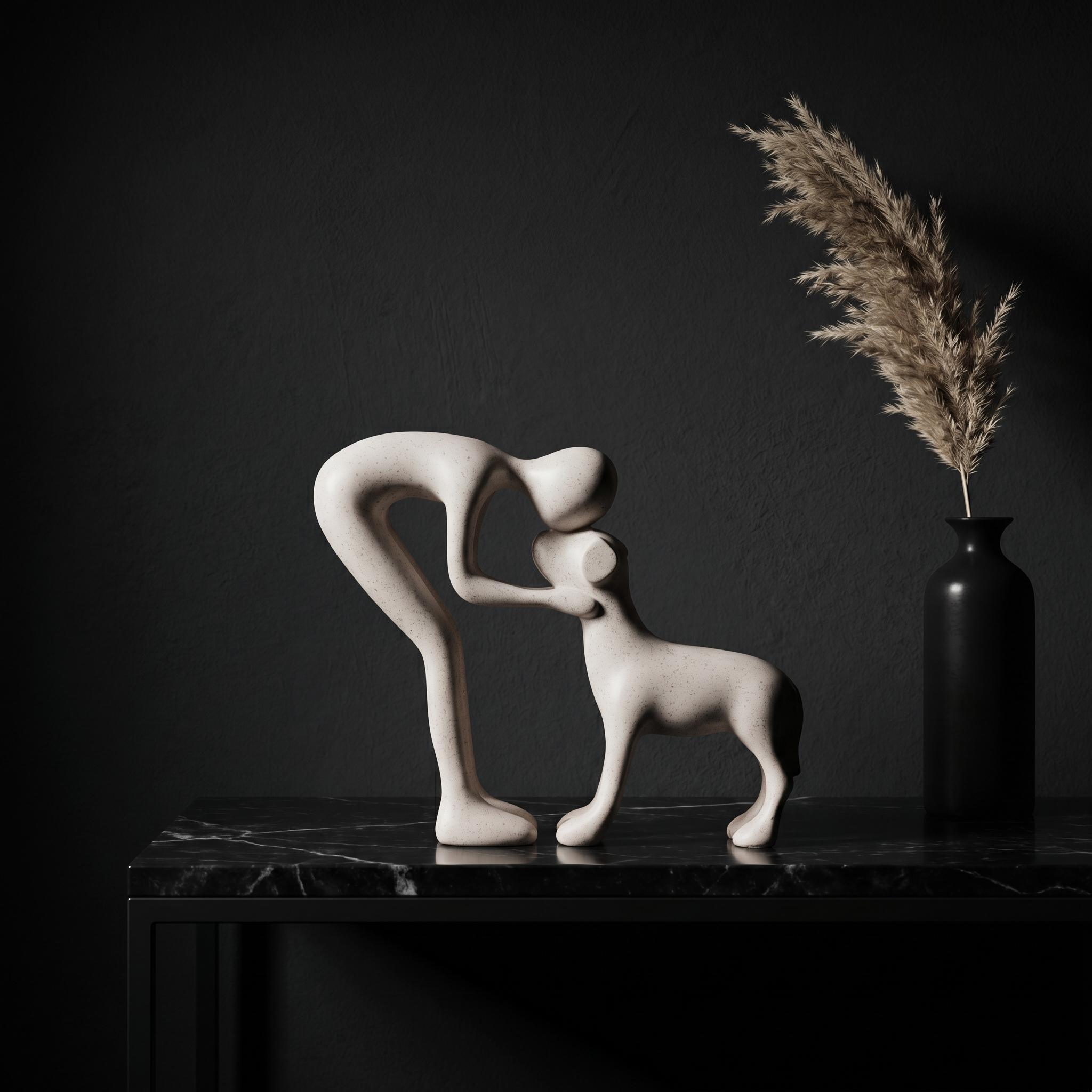 Modern human–dog bond sculpture, heartfelt pet memorial gift, handcrafted wooden-style decor, aesthetic minimalist statue, meaningful office desk display, anniversary decor for dog lovers