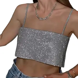 Silver Top - Sparkling Crop Top with Adjustable Straps for Women's Fashion