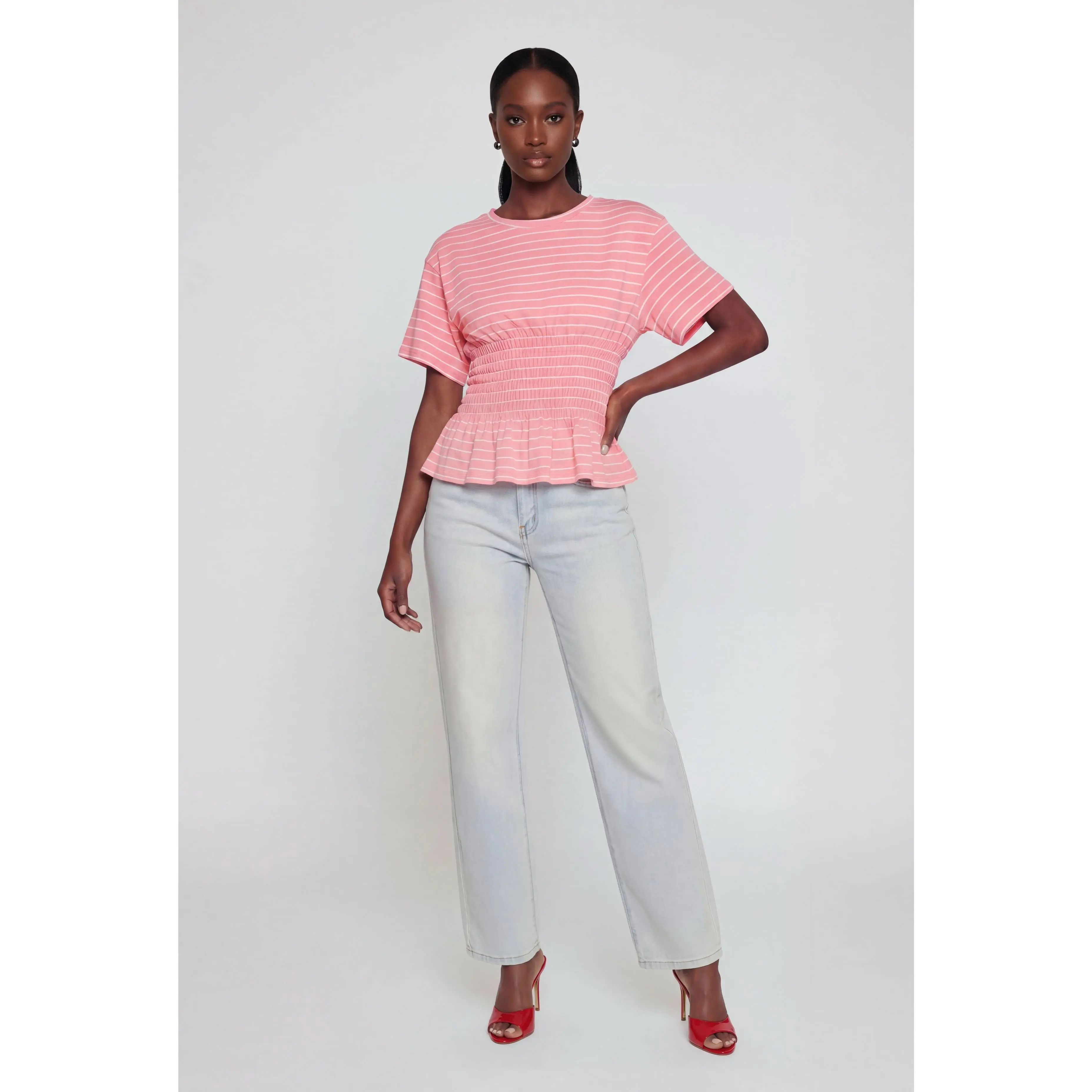 Striped Smocked Waist Peplum Top