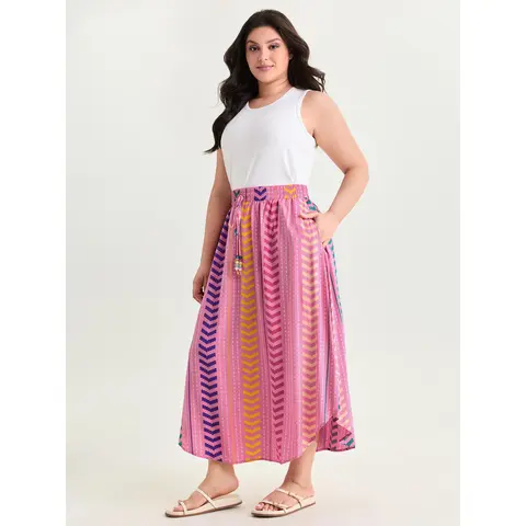 BloomChic Women's Plus Size Geometric Print Flowy A-Line Maxi Skirt - Bottoms with Pockets, Drawstring Waist, Soft Rayon Fabric Garment - Fashion Casual Skirt for Women [M-6X]