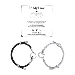OIDEA Matching Couples Bracelet Set, Sun Moon Stars Interlocking Charms Adjustable Braided Cord Friendship Jewelry Gift With Card
