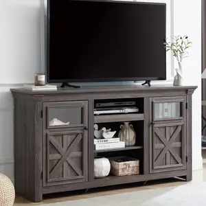 60" Farmhouse TV Stand for 70 Inch TV, Entertainment Center with Storage & Glass Barn Doors, Adjustable Shelf, Modern TV Stand Console for Living Room, Bedroom