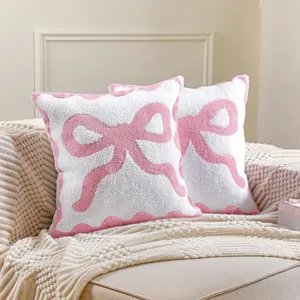 Pink Bow Pillow Covers Set of 2 Preppy Room Decor Coquette Bow Embroidered Pillow Covers Luxury Soft Pink Throw Pillowcases for Couch Sofa Bedroom Decor, 18x18 Inch