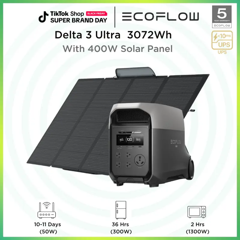 ECOFLOW DELTA 3 Ultra with 400W Solar Panel, 3072Wh LiFePO4 Battery, 3600W  (Surge 7200W) Output, Solar Generator for Home Use, Camping Accessories,  Emergencies & RV Backup - TikTok Shop