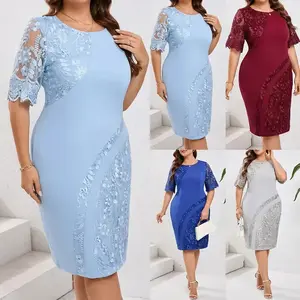 Elegant Plus Size Women’s Lace-Paneled Short-Sleeve Bodycon Evening Party Ball Gown, Sizes 0XL–4XL
