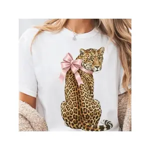 Pink leopard print top with bow, retro animal print tee