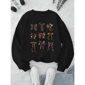 Leopard Print & Bow Design Women's Crew Neck Long Sleeve Sweatshirt |     Comfortable Casual for Spring Summer Outfits |     Classic Animal Print Streetwear Style Soft Cozy Fashion Top Womenswear Hoodie