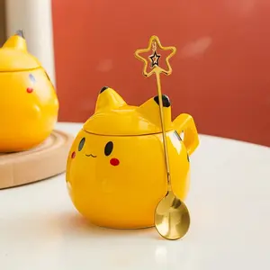 Cartoon Cat Shaped Ceramic Funny Accent Mug with Lid Creative Coffee Milk Tea Water Cup Cute Children Breakfast Cup Household Drinkware