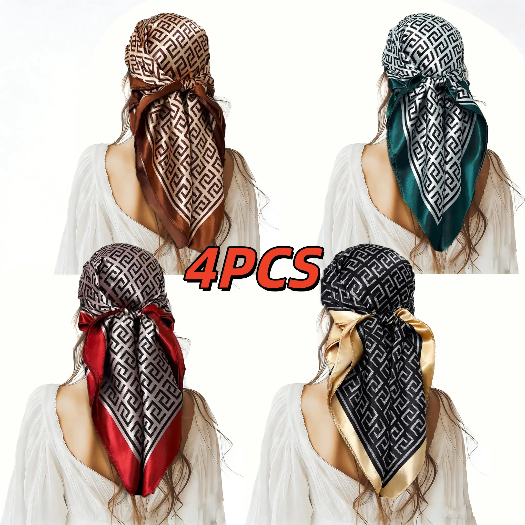 4/1 piece set retro geometric print headscarf set | women's fashion hairband - oversized 35in*35in square scarf handkerchief, Fashion Hair Scarves, Vintage Print Headscarves, Printed Polyester Scarf