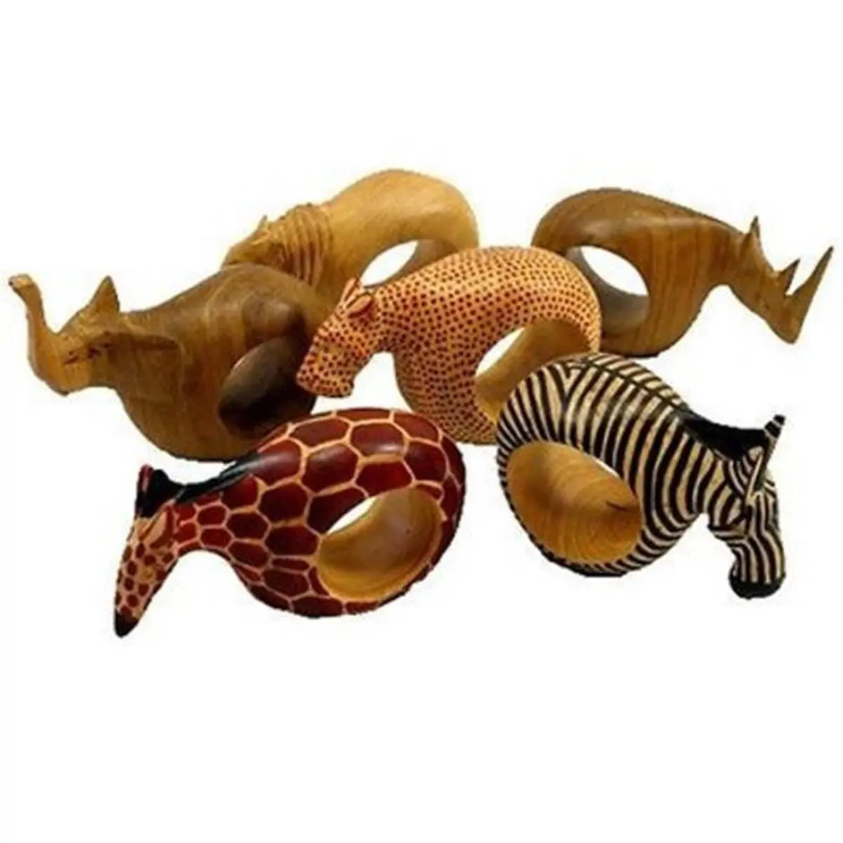 212 MAIN 6-Piece Traditional Handmade Mahogany Wood Animal Napkin Ring Set - Cheetah, Rhinoceros, Elephant Designs with Stripes, Fair Trade African Handicrafts, Tableware Accents for Decoration, Personal Use