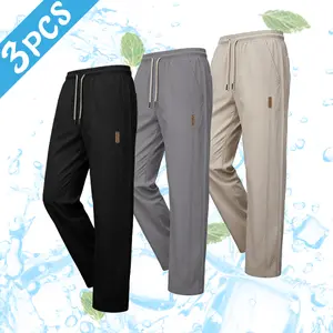 Men's 3-Pack Cool-Feel Casual Pants - Black/Gray/Beige, Drawstring Waistband, Lightweight & Breathable Fabric, Low-Profile Label Details, Perfect for Relaxed Everyday Wear