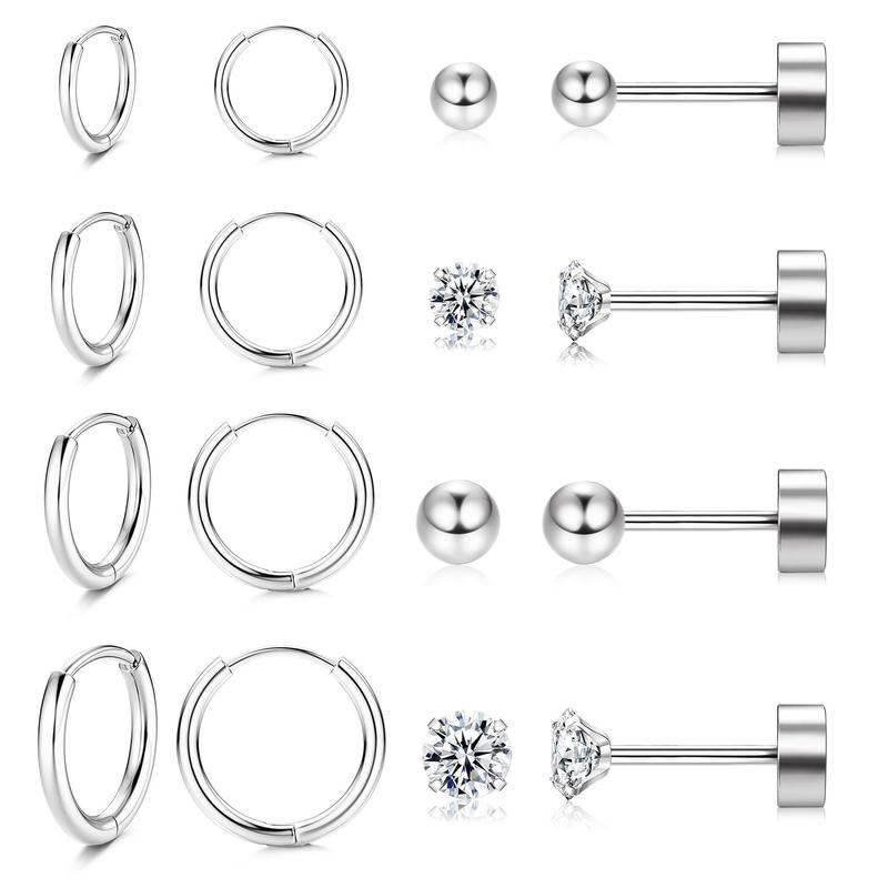 FUNRUN 8 Pairs Stainless Steel Earrings Sets Huggie Hoopearings Hypoallergenic Flat Back Stud Earrings for Women Thick Studs Tragus Piercing Jewelry