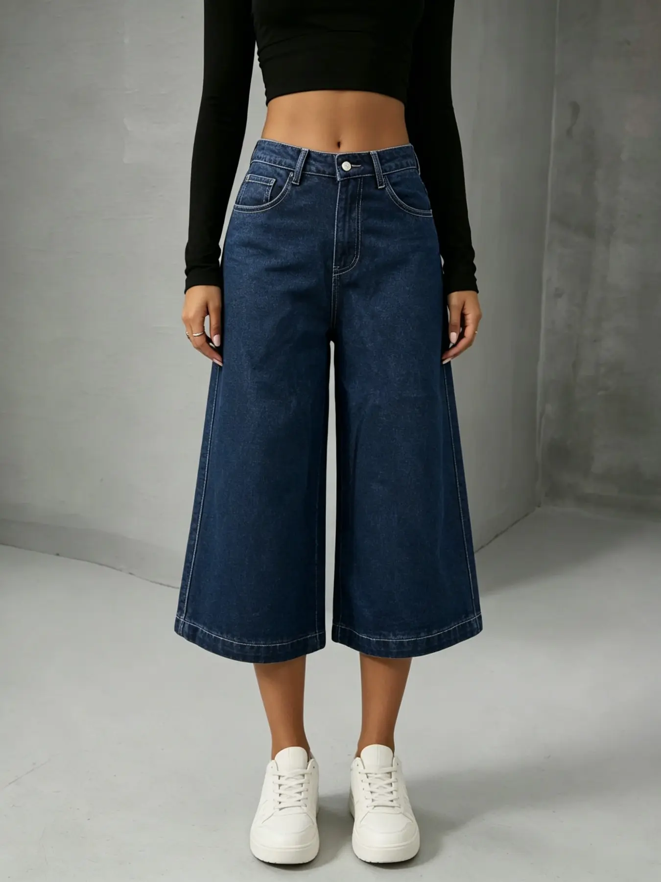 Women's Mid-Rise Non-Stretch Loose Straight Leg Cropped Trouser Jeans, 7/8 Length Dark Blue Denim Culottes, Basic Casual Capri Pants, Comfortable Non-Stretch Fabric, Ideal for Daily Wear & Everyday Casual Outings, Stylish & Versatile Bottom