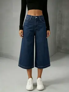 Women's Mid-Rise Non-Stretch Loose Straight Leg Cropped Trouser Jeans, 7/8 Length Dark Blue Denim Culottes, Basic Casual Capri Pants, Comfortable Non-Stretch Fabric, Ideal for Daily Wear & Everyday Casual Outings, Stylish & Versatile