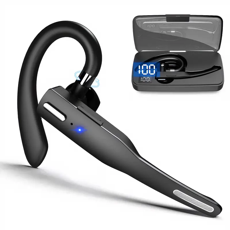 Professional Drivers' Bluetooth 5.1 Wireless Earpiece with Button, Noise Cancelling Mic, Portable Waterproof Design for Truckers, Android Device Compatibility, Long-Haul Comfort, Charging Case, Cleaning Kit, Silicone Buds, Carabiner, Audio Cable, Digital