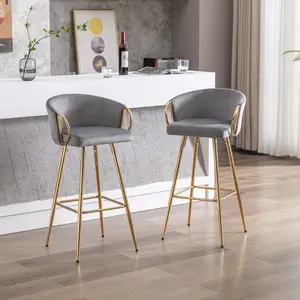 30 Inch Velvet Upholstered Bar Stools Set of 2, Counter Height Bar Chairs with Gold Legs and Chrome Footrest, Modern Bar Stools for Kitchen Island, Dining Room, Pub (Gray, Set of 2)