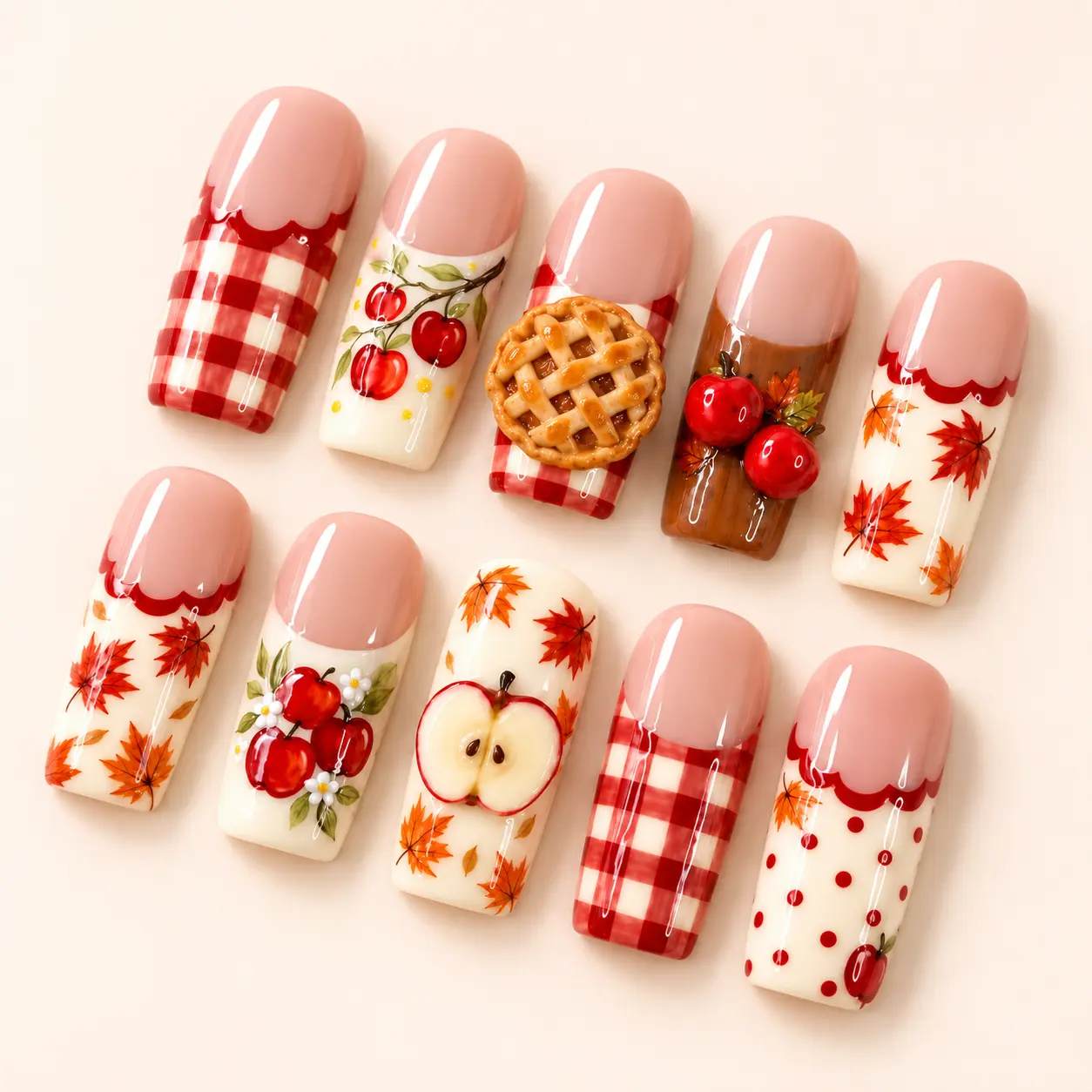 Nude Red Apple Harvest Handmade Press On Nails, 3D Pie Apple Cherry Plaid Maple Leaf Nail Art, Short Square Fake Nails for Women, Cottagecore Fall Thanksgiving Gift Set