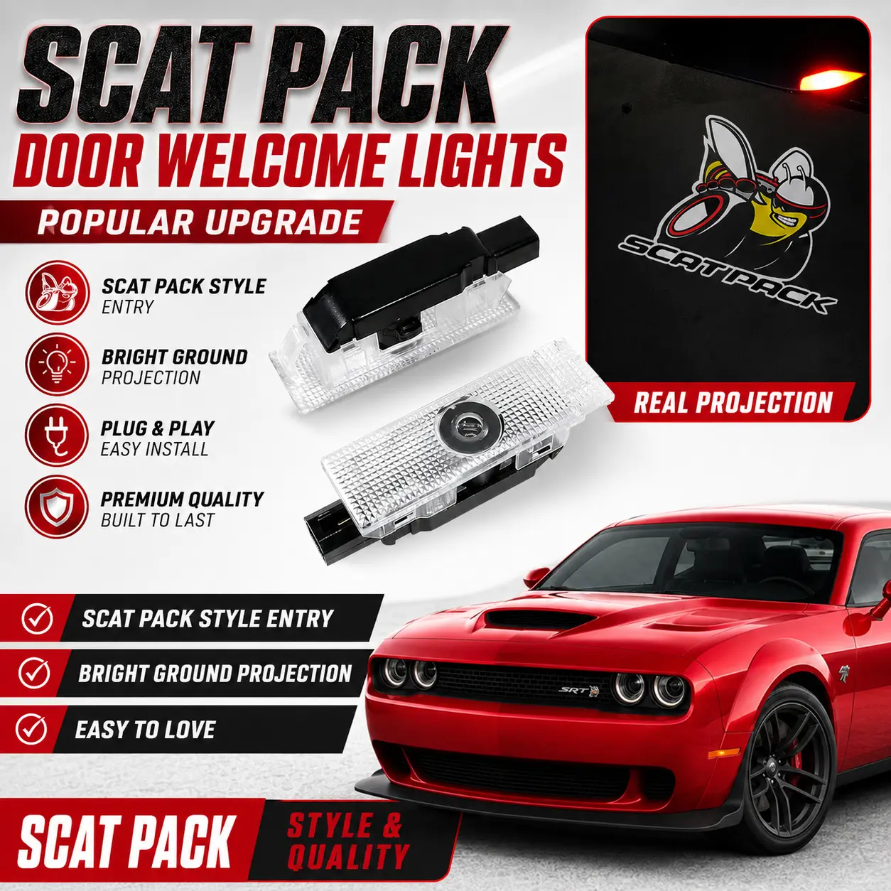 (Scat Pack)2 Pcs Never Fade Door projector Light Logo, Projection GhostShadow Welcome Puddle Light Compatible with ChallengerCharger Accessories 2011-Present Car logoprojectors