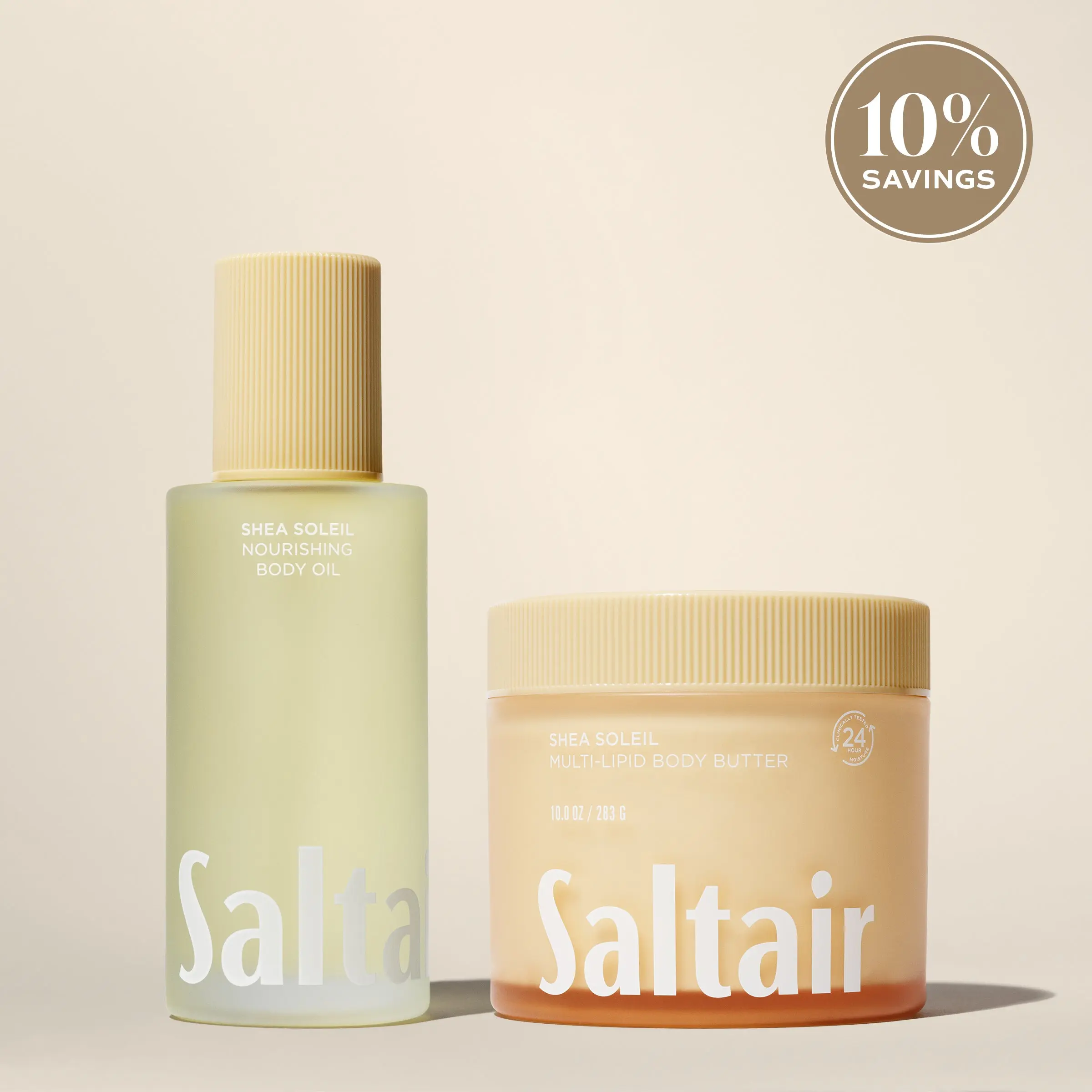 Saltair Shea Soleil Nourishing Duo - Nourishing Body Oil (4 fl oz) , Multi-Lipid Body Butter (10 oz) Bundle for Soft, Glowing Skin - Creamy Shea, Almond Milk, Smooth Vanilla.