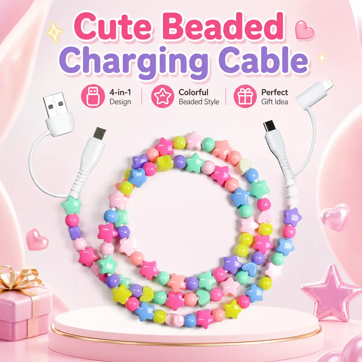 Pearl-Decorated Charging Cable - Compatible with all devices USB-C and Lightning interfaces 2-in-1 data cable, 3.3 feet in length, ideal for women for fast charging, available in multiple colors,Halloween Christmas New Year Gift