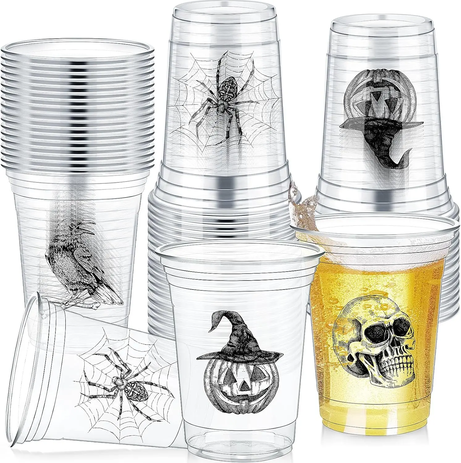 48 pcs 16 oz Halloween Plastic Cups Disposable Halloween Clear Skull Pumpkin Spider Party Cups for Cold Drinks Candies Fruits and Party Supplies Decorations (Skull)