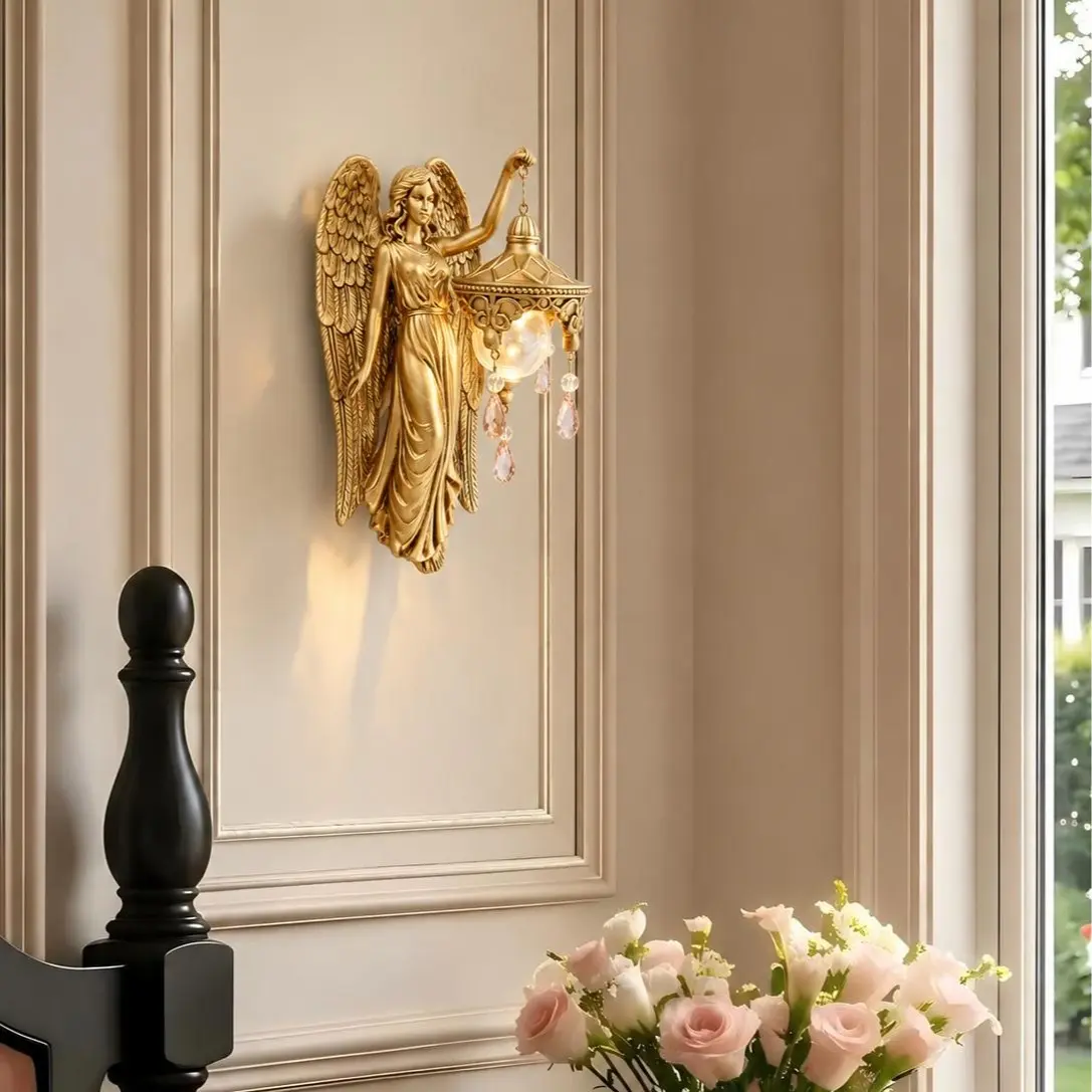 Gold Angel Dimmable Wall Sconce - Vintage Crystal Drop Sculpture, Romantic Christmas Outdoor Light, Decorative Lamp for Bedroom, Gothic Home Improvement LED Indoor Lighting