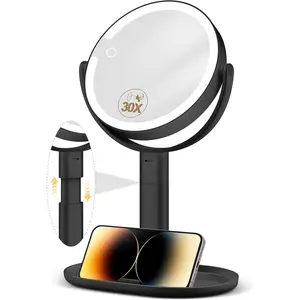 Makeup Mirror with Lights, 30X Magnifying & Height Adjustable, Lighted Magnifying Mirror with 3 Light Modes and Stepless Dimming,  Mirrors for Bathroom, Birthday  for Women, Black